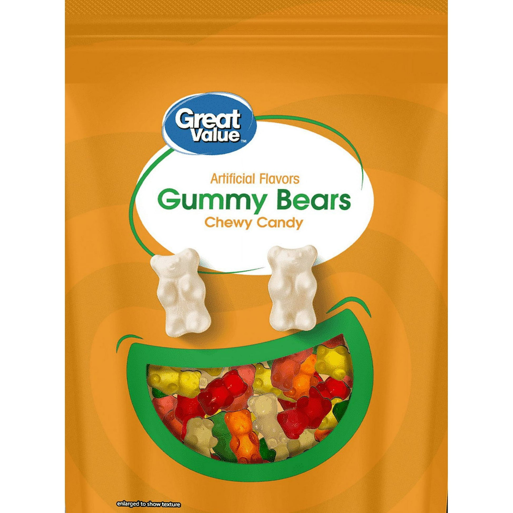 Enjoy the soft, chewy texture, and yummy fruity flavor of Great Value Gummy Bears. These classically cute bear-shaped candies are great for kids and kids at heart. Though each bear is small and adorable, they pack in tons of flavor. Dip them in chocolate, use them to top an ice cream sundae, or just enjoy them straight from the bag. Don't feel bad when you give in to your sweet tooth these gummy snacks are gluten-free and contain only 100 tiny calories per serving. Go ahead and grab a few more bears. You wi