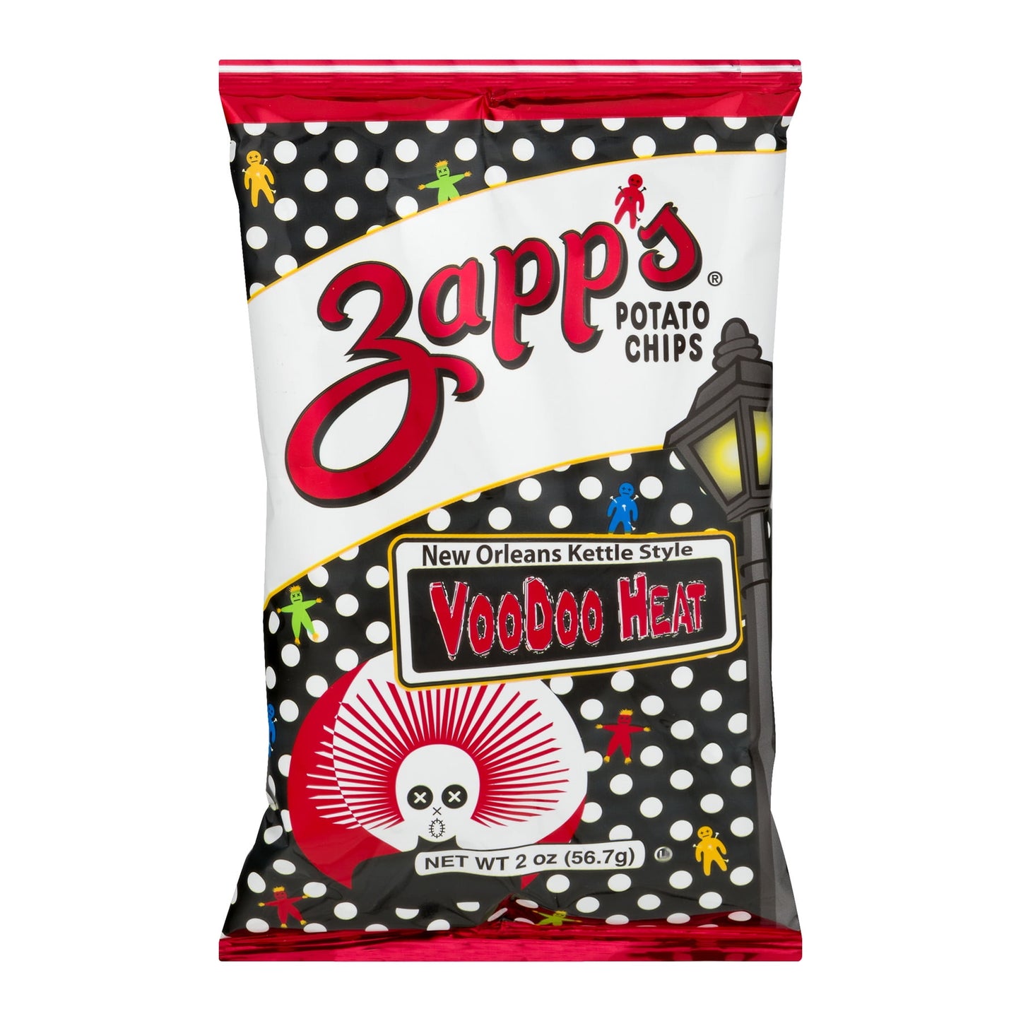 Zapp?s New Orleans Kettle-Style Potato Chips, Voodoo Heat Flavor ? Crunchy Chips with a Spicy Kick, Great for Lunches or Snacking on the Go, 2 oz. Bag (Pack of 25) Be careful, these crunchy, unique chips will put a spell on you! Zapp?s New Orleans Kettle-Style Potato Chips in Voodoo flavor are the delicious result of a happy accident. The unique flavor features salt and vinegar with a smoky BBQ sweetness and an extra spicy, jalapeno kick. Trust us on this one. And when you open a bag of Zapp?s chips, you?ll