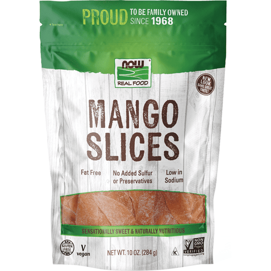 Mangoes are best known for their uses in culinary applications; but they're also perfect for snacking. Now(R) Real Food Mango Slices offer a healthy and delicious snack the whole family will love. These slices are fat free, low in sodium and contain no preservatives or added sulfur. They are sensationally sweet and naturally nutritious!