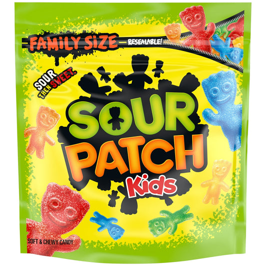 SOUR PATCH KIDS Original Soft & Chewy Candy packs all the classic flavor into a mischief-filled soft candy. Each bag contains sour candies in signature assorted fruit flavors that create a SOUR THEN SWEET treat to satisfy your taste buds. Add a little fun to your candy experience with the unique kid shapes that give these candies their name. Keep SOUR PATCH KIDS on-hand for quick gummy snacks or as party favors for Halloween, Valentine's Day or birthdays.