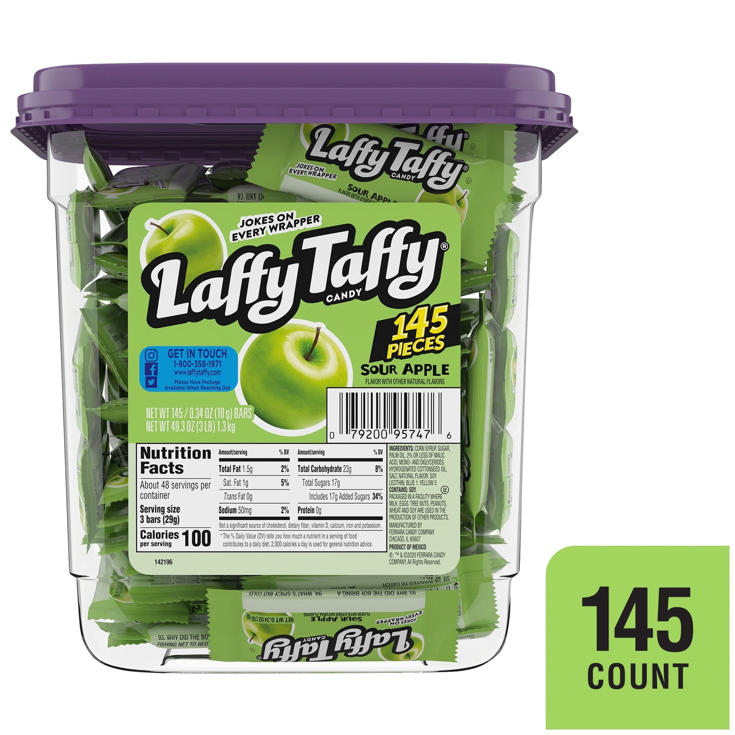 Laffy Taffy Mini-Bars Apple are our original taffy, making smiles & laffs for you and your family! Each bar is packed with delicious fruity flavor and a soft chewy taffy texture. Grab one for you & for a friend! Laffy Taffy is known for its fruit flavors, chewy texture, and light-hearted jokes on every wrapper. Sour Apple Laffy Taffy mini bars tantalize the taste buds, and there's more than enough to go around in this bulk-sized tub. These mini bars are perfect for sharing with family and friends, offices, 