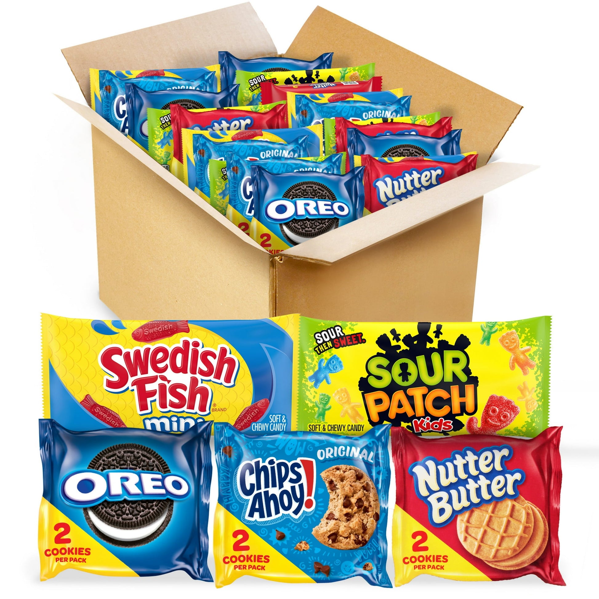 A variety of Nabisco cookies and chewy candies have come together in one pantry-perfect variety pack! This bulk snack package contains 10 packs each of two count OREO cookies, CHIPS AHOY! cookies, and Nutter Butter cookies and 5 packs each of SOUR PATCH KIDS candy and SWEDISH FISH candy (40 snack packs total). Stock the snack shelf with treats the whole house, office, or class can enjoy. Individual snack-size packs make it easy to grab and go. They’re also convenient school lunch snacks, office snacks, stoc