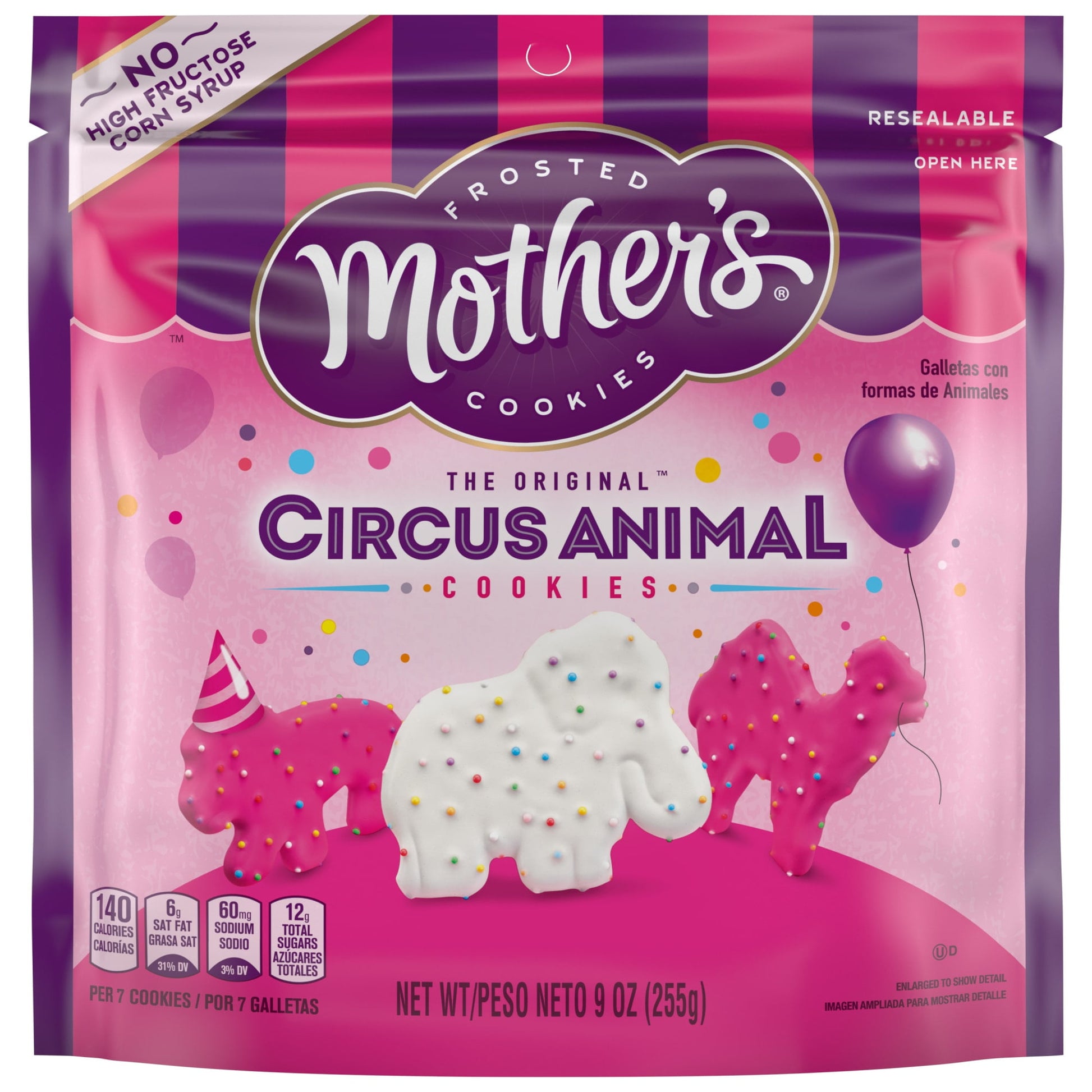 Roar with delight at each crunchy bite! Stop And Taste The Frosting with Mother's Original Circus Animal Cookies and unleash a playful parade of animal-shaped snacks. Every bite-size shortbread cookie is fully frosted pink and white and topped with rainbow sprinkles. The iconic shapes inspire creativity and provide a fun-filled snack experience. Baked with care, it’s no wonder these classic frosted animal cookies have been loved for generations. The convenient resealable bag keeps sweet snacks fresh, ready 