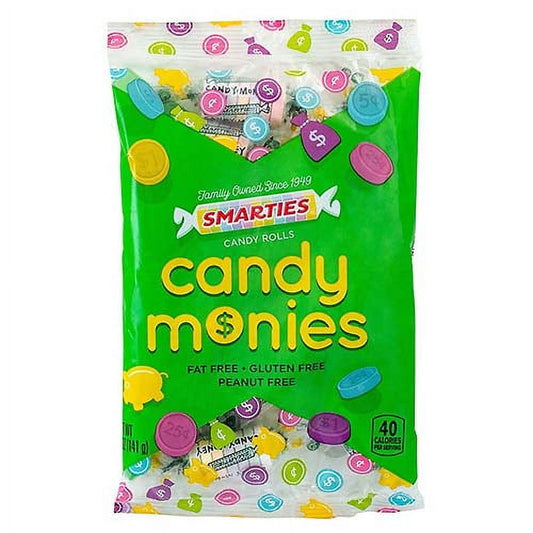 Delicious Smarties Candy Monies rolls contain Giant sized candy coins! Candy Monies has the same priceless flavors as our original Smarties, but its larger face has amounts on it in dollars and cents. Unwrap some Smarties candy coins and feel like a million bucks, if only for a few delicious moments. Bag contains about 13 rolls; 7 pieces per roll. Gluten Free Vegan Peanut/Nut Free Nutrition Ingredients: Dextrose with Maltodextrin, Citric Acid, Calcium Stearate, Natural and Artificial Flavors, Colors (Red 40