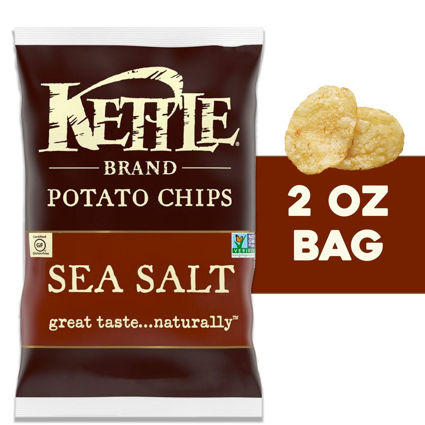 Kettle Brand Sea Salt kettle chips start with a search for undisputed potato excellence. And these babies are something special. Determined not to disrupt the flawless, spudsy goodness of these beauties, they’re cooked to perfection, skin on, one batch at a time until golden. Finally, each potato chip is sprinkled with a gentle kiss of sea salt. It takes pretty high standards to achieve Kettle Brand chips’ amazing crunch and flavor - quality ingredients make a difference. When you open a bag of our Kettle B