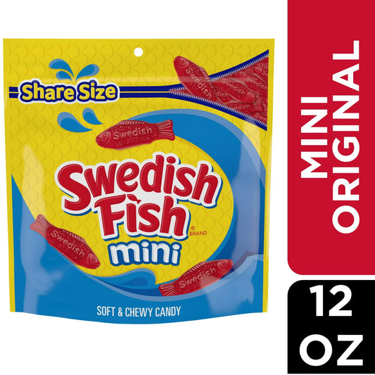 SWEDISH FISH Mini Soft & Chewy Candy offers a fun bite-sized sweet snack to share. The classic flavor of SWEDISH FISH gummy snacks floods your mouth with a delicious fruity taste. This smaller version of the signature red candy fish shape is easy to pop in your mouth, adding a bit of fun to your candy experience. Keep SWEDISH FISH on-hand for quick snacks or as party favors for holidays or birthdays.