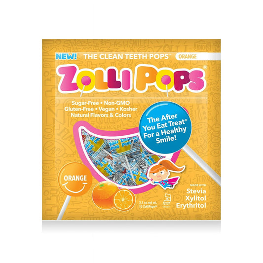 Delicious, natural, kid created, Mom approved Zollipops , Clean Teeth Anti Cavity Pops are no ordinary suckers. This candy is a supercharged with smile making, magical, teeth cleaning ingredients, including erytritol, xylitol and other natural ingredients. They help to reduce the acidity and raise the pH in your mouth after a meal to help your teeth re-mineralize and get stronger, faster to keep smiles healthy and happy. Zollipops are sugar free, nut free, gluten free, dairy free, vegan, kosher, and contain