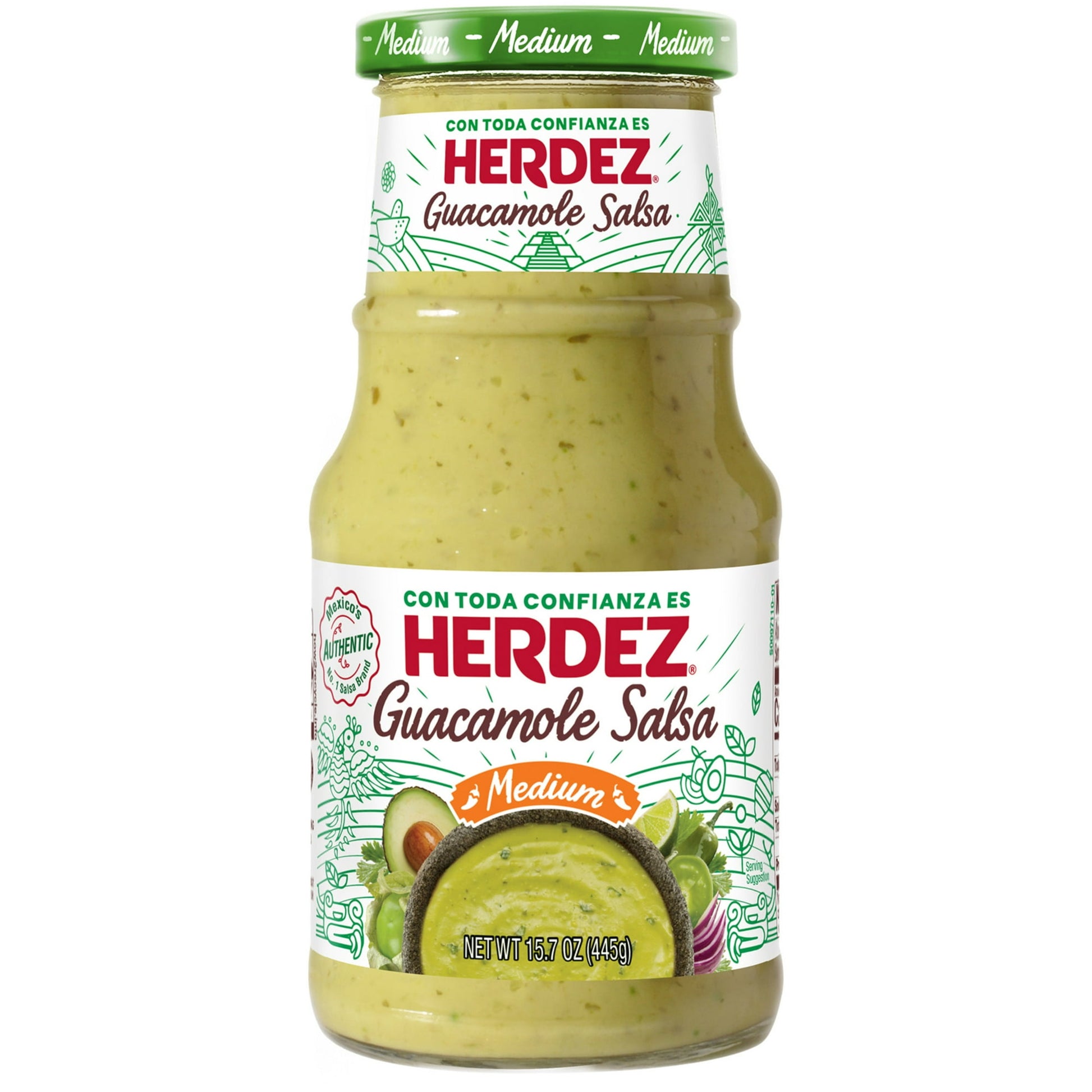 Dip into spicy, creamy flavor and endless possibilities with HERDEZ Guacamole Salsa Medium. It has a medium spice for those who like a little heat without losing flavor, this creamy guacamole salsa features avocados, tomatillos, lime, onion, and green chile peppers. Refreshing hints of citrus and herbal notes of cilantro turn up the taste on everything from fish tacos, vegetable wraps, beef enchiladas, garden salads, and even deviled eggs. An ideal pantry staple that makes a tasty sauce or topping for snack