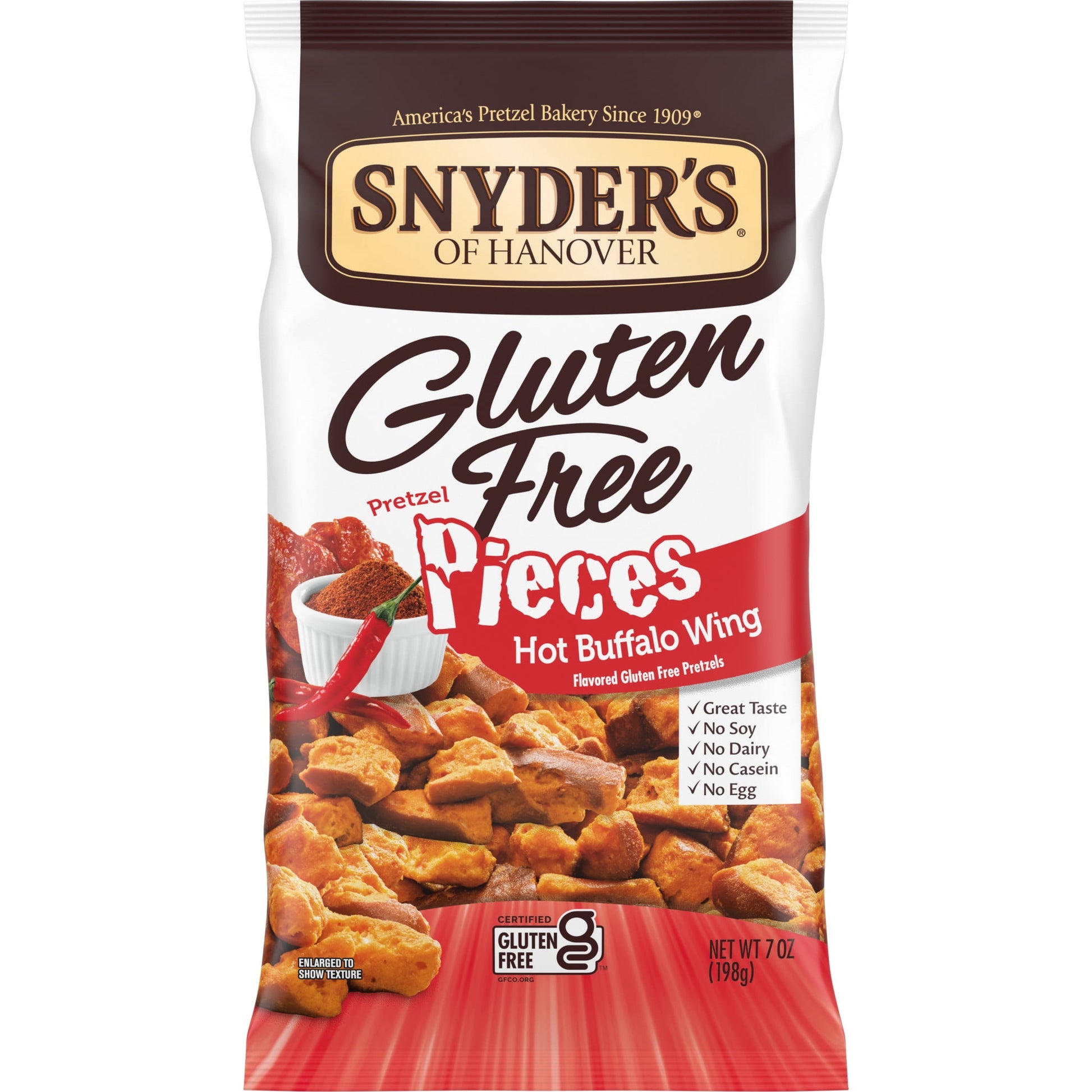 Snyder's of Hanover Gluten Free Pretzel Pieces are Sourdough Hard Pretzels baked to perfection then broken into generous chunks and coated with Hot Buffalo Wing seasoning. They are bursting with intense flavor and delicious crunch for the perfect snack. And they're a baked alternative to potato chips with 0g trans fat and made in a facility that does not process peanuts. You'll love these crunchy pretzel pieces as a gluten-free snack, lunch snack or peanut-free school snack. Snyder's of Hanover has been Ame