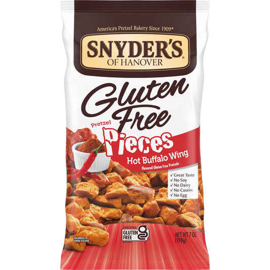 Snyder's of Hanover Gluten Free Pretzel Pieces are Sourdough Hard Pretzels baked to perfection then broken into generous chunks and coated with Hot Buffalo Wing seasoning. They are bursting with intense flavor and delicious crunch for the perfect snack. And they're a baked alternative to potato chips with 0g trans fat and made in a facility that does not process peanuts. You'll love these crunchy pretzel pieces as a gluten-free snack, lunch snack or peanut-free school snack. Snyder's of Hanover has been Ame