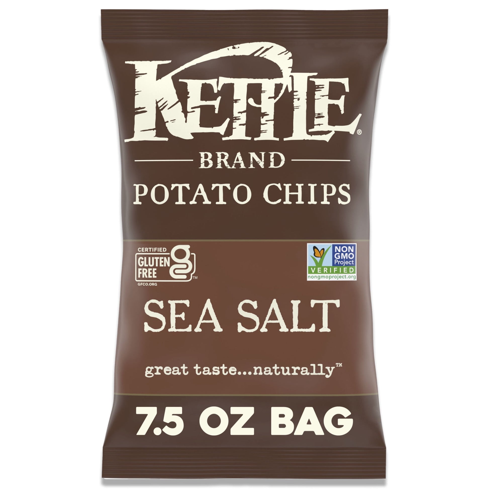 Experience a classic worth crunching for with Kettle Brand Sea Salt Kettle Potato Chips. Kettle Brand Sea Salt Chips are the OG of all kettle chips. Dusted with just the right amount of sea salt, they’ve been looking like a snack since the beginning of snacks. Kettle Brand kettle cooked chips are cut perfectly from whole potatoes to deliver the delightful crunch you crave. All of our kettle cooked potato chips are Certified Gluten Free and Non-GMO. This 7.5-ounce bag contains about 8 servings and is perfect