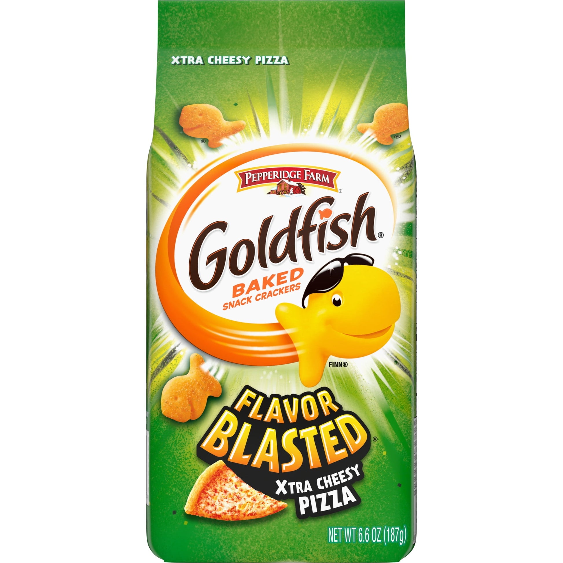 Kick snack time up a notch with the intense flavor of Goldfish Flavor Blasted Xtra Cheesy Pizza snack crackers. Like all of our cheese varieties, they’re always baked with real cheese, and are made with no artificial flavors or preservatives. So add a little fun to your snack time with this zesty and cheesy snack that’ll keep you coming back for more. They're also the perfect companion to add a crunchy, cheesy excitement to your meals. For lunch, add them to soups, sprinkle them on salads or just simply mun