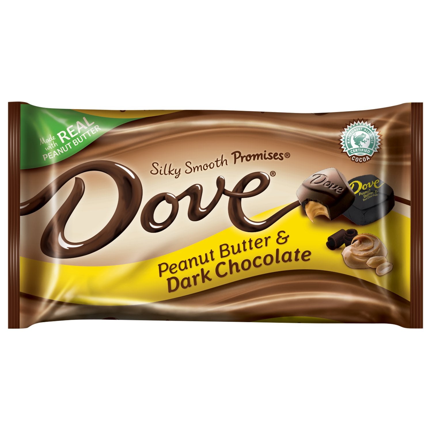 This bag of DOVE PROMISES candy combines creamy peanut butter with rich dark chocolate in one delicious bite that your taste buds will love. Each delightful piece of candy is made with real peanut butter and the finest premium cacao. These yummy dark chocolate candies are not just a sweet treat. Each piece is individually wrapped in foil and has a suggestion for other ways to treat yourself, like buying yourself something frivolous. The 7.94-ounce bag is more than enough to share with your friends, family o