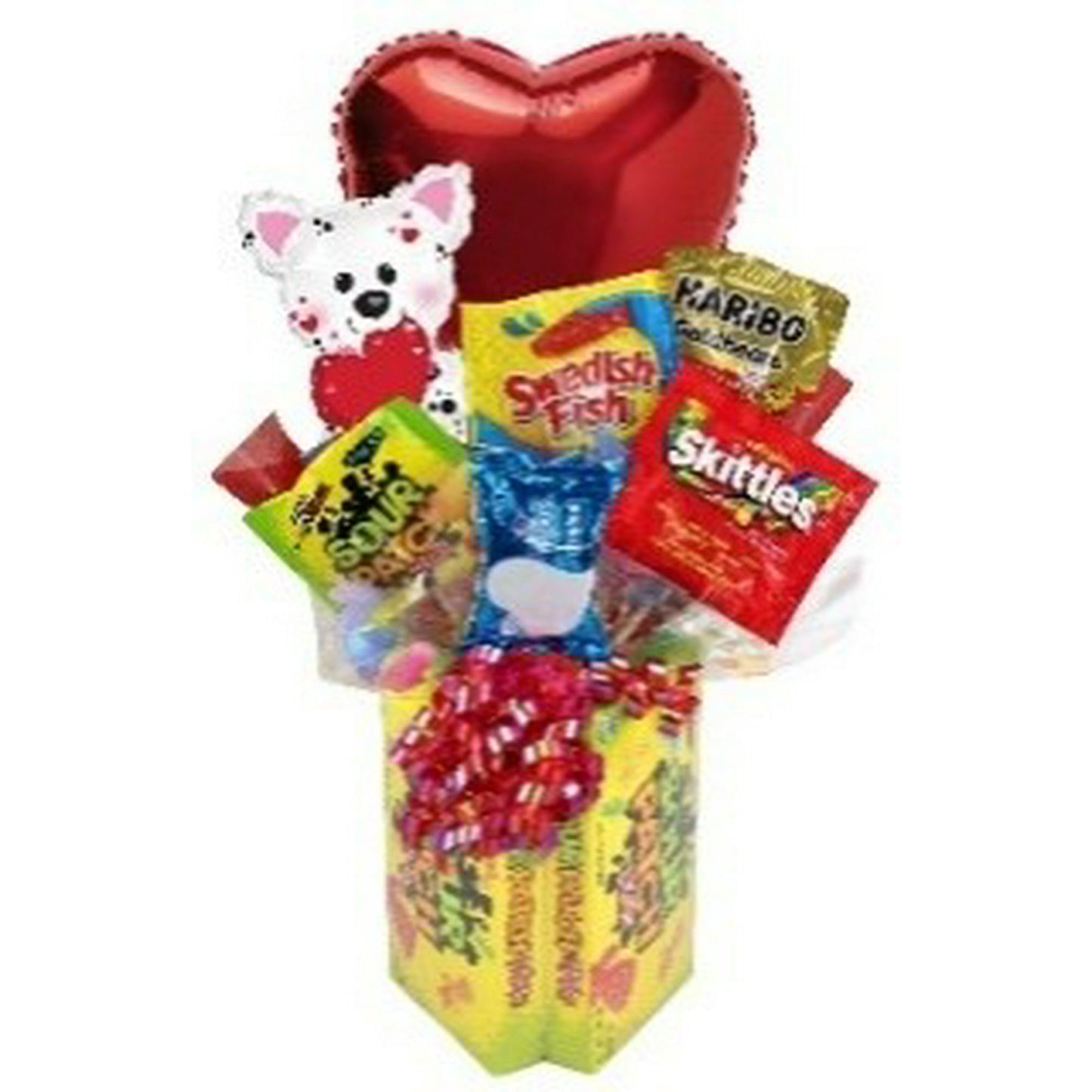 Happy Valentine’s Day! Celebrate this fantastic occasion by giving a gift to that special person, teacher, or friend with this all-edible Valentine's Day Crunchy Sourpatch Base Candyblossom Gift Bouquet. Whether a chocolate lover or a sugar one, this perfect gift will most definitely impress! This unique design makes decorating for a Valentines event easy. Comes complete with a "puppy" photo prop. Makes a fantastic tabletop centerpiece or a party gift!