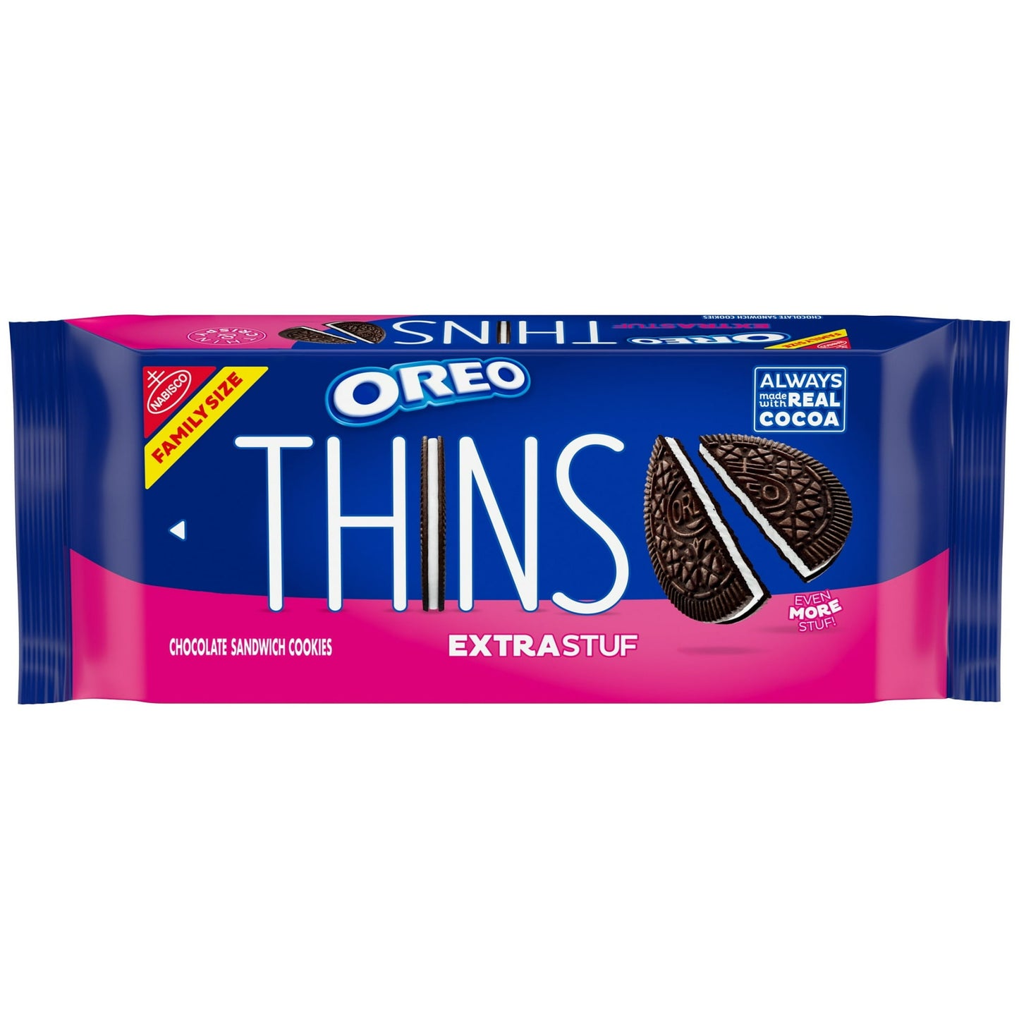 OREO Thins Extra Stuf Chocolate Sandwich Cookies are the classic OREO snack cookies you love, but with an extra treat. These thin chocolate cookies are Always Made with Real Cocoa and sandwich extra OREO creme filling making them a lighter, crispier take on Original OREO cookies. The resealable pack keeps crispy bulk cookies fresh and ready to share.