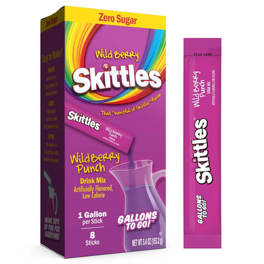 Skittles Drink Mix is a delicious treat for kids and adults alike. Perfect for any water recipe, this pack includes eight individual on-the-go packets, enough to make one gallon of flavored water each, in a delicious Wild Berry Punch Skittles flavor. Skittles Wild Berry Punch Drink Mix is sugar-free, caffeine-free, lactose-free, and fat-free, with only 5 calories per serving. Perfect for on-the-go or after-school snacks, pool days, or picnics, these flavored water packets are easy to prepare and easy to sip