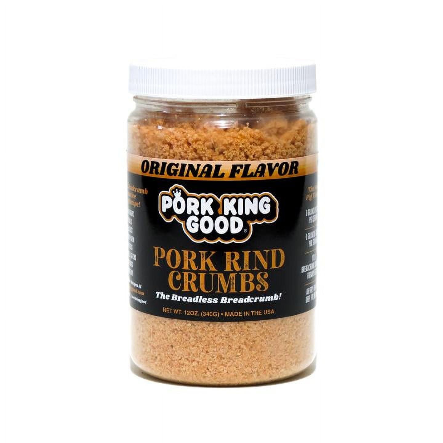 Pork King Good Pork Rind Crumbs are a delicious, zero carb alternative to traditional breadcrumbs. Use them as a 1:1 breadcrumb substitute for keto friendly and gluten free versions of your favorite meals! Think low carb or paleo chicken fingers, meatballs, casserole toppings, even biscuits and waffles!