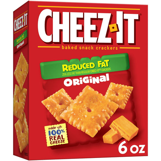 Feel good about satisfying your snack cravings with Cheez-It Reduced Fat Original Baked Snack Crackers - bite-size cheese crackers that are baked with 25% less fat than Cheez-It Original crackers* (*compare Reduced Fat Cheez-It with 6g fat per 30g serving to Regular Cheez-It with 8g fat per 30g serving). Cheez-It Reduced Fat Original Baked Snack Crackers are the real deal - made with 100% real cheese that's been carefully aged for a yummy, irresistible taste. Each perfect square is bursting with bold, chees