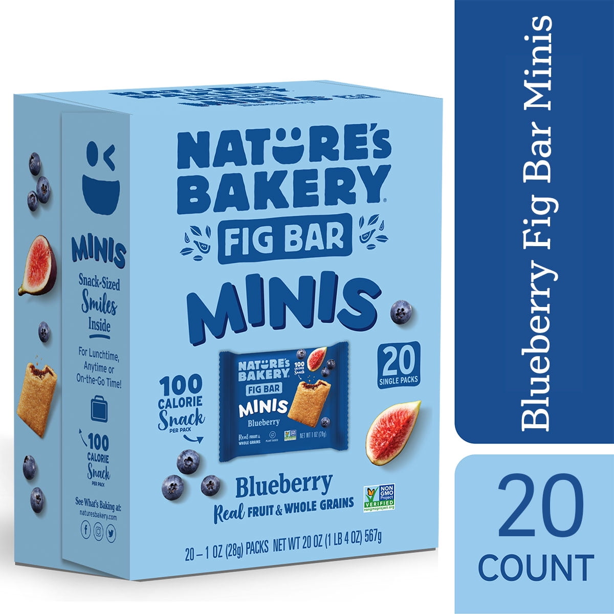 Nature’s Bakery, Blueberry Fig Bar Minis, 1 oz, 20 Count - Our favorite soft-baked snack. 100-calorie pack! Perk up your pantry with perfectly portioned Nature’s Bakery Fig Bars made with real fruit and wholesome whole grains. From home to on-the-go, these single-pack snacks are your go-to for lunchtime—or anytime! Delightfully dairy-free, plant-based, nut-free, GMO-free, and 100% delicious. Stock up on berry bliss today.