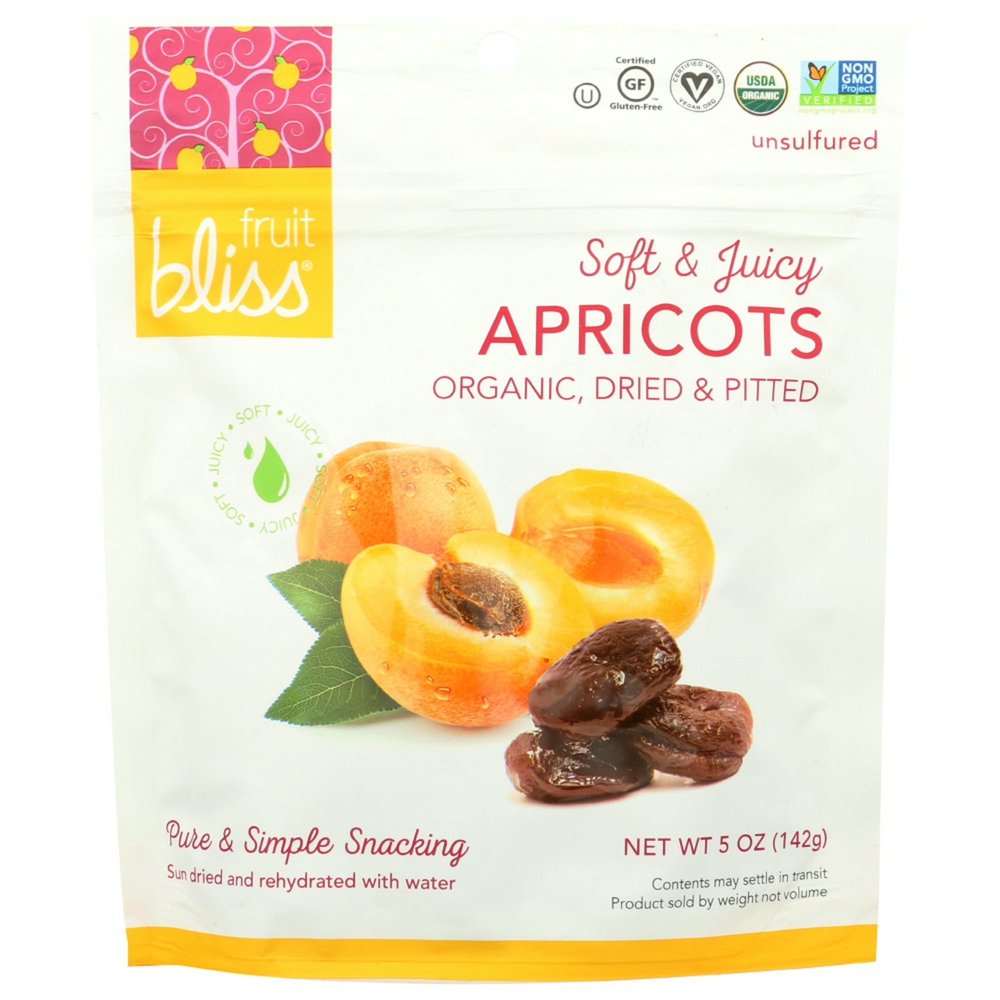 FRUIT BLISS DRIED FRUIT, ORGANIC TURKISH APRICOTS IS DELICIOUSLY JUICY AND NEVER DRY. THIS IS DRIED FRUIT REINVENTED. FRUIT BLISS IS A VERY DIFFERENT KIND OF NATURALLY SUN-SWEETENED, ORGANIC WHOLE FRUIT. OUR FRUITS HAVE NO PRESERVATIVES OR ADDED SUGAR. OUR FRUIT IS PICKED RIPE, SUN-SWEETENED, INFUSED WITH WATER AND THEN PACKED WITH JUICY SWEETNESS IN A 5 OZ. POUCH. REFRIGERATE AFTER OPENING.