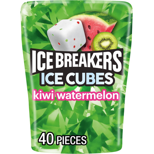 Tropical flavors of kiwi and watermelon will have you chewing from sun up to sun down. Featured in a convenient 40 piece bottle, ICE BREAKERS ICE CUBES kiwi watermelon flavored sugar free chewing gum offers a sugar free burst of invigorating sweetness. Take this convenient cube bottle anywhere you need a boost of freshness. This fruity chewing gum is a quick and delicious satisfaction, that'll be your best friend during important moments in your life. Wherever the day takes you, these ADA accepted ICE BREAK