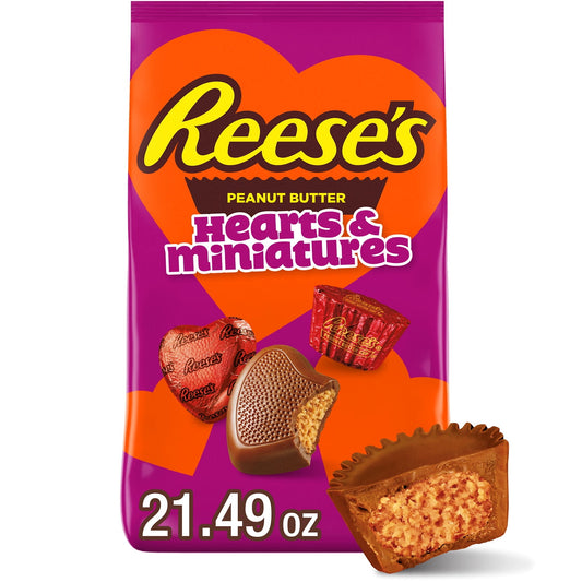 Your days just got a whole lot sweeter with REESE'S Assorted Chocolate Peanut Butter Shapes candy. Whether you're filling Valentine's Day candy dishes or gift bags, there's never been a better reason to get lost in the taste of smooth peanut butter and chocolate of a REESE'S candy. This assortment bag includes REESE'S Miniatures milk chocolate peanut butter cups candy and REESE'S chocolate peanut butter creme hearts candy. Each sweet in this pack provides the perfect helping of festive fun to treat the tast