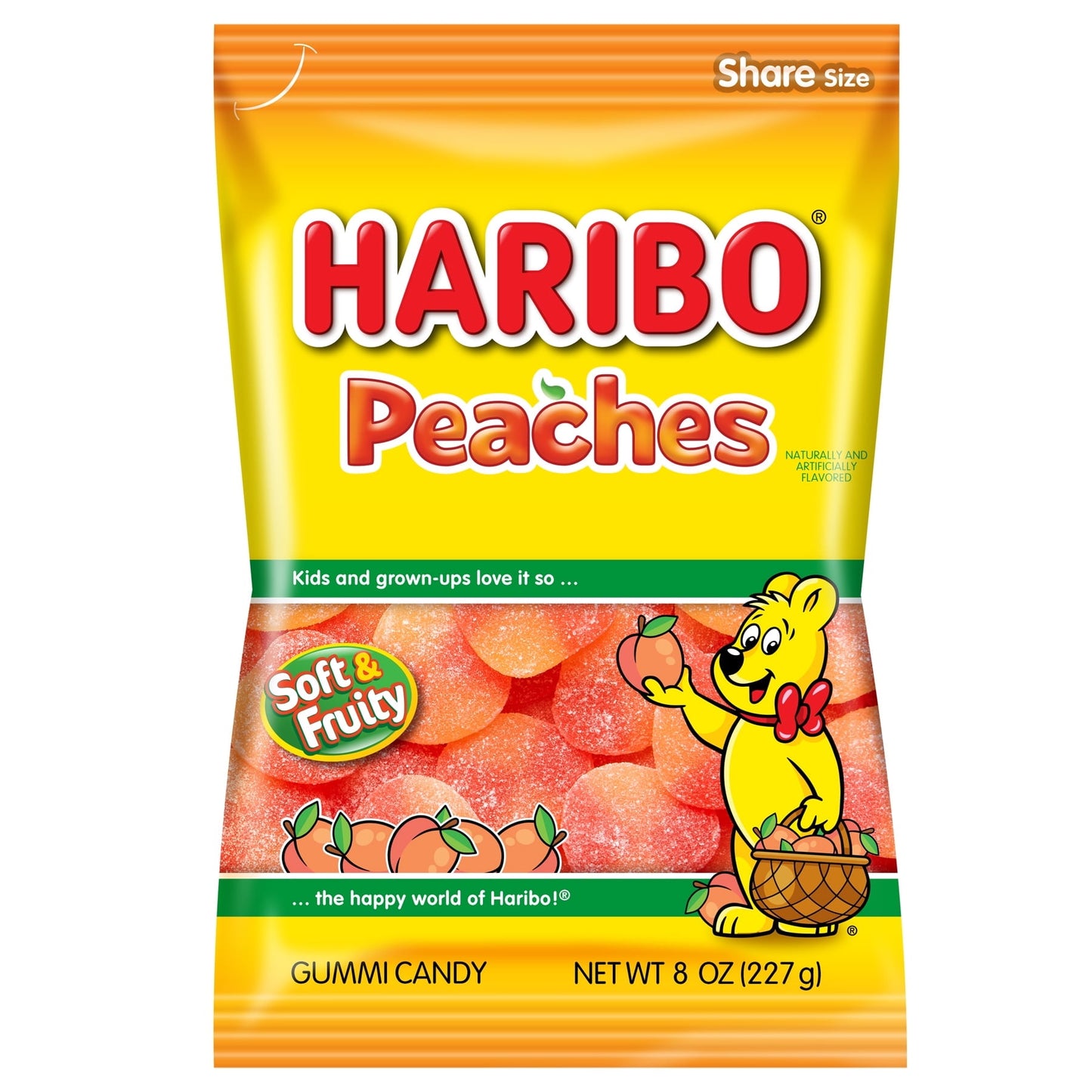 From the makers of America's #1 Selling Gummi Bear, say hello to HARIBO Peaches. With a soft and chewy texture and great peach taste, these gummy candies are enjoyable all year round! Perfect for sharing, snacking, decorating, and garnishing desserts. Kids and grown-ups love it so, the happy world of HARIBO