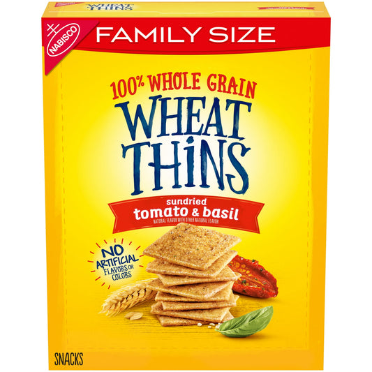 Upgrade snacking with Wheat Thins Sundried Tomato & Basil Whole Grain Wheat Crackers. These snack crackers feature sundried tomato and basil flavors, and the thin crackers are free of artificial flavors and colors. Bursting with bold flavor, this cracker snack is perfect for relaxing evenings. Dig into a package of these whole grain crackers knowing each bite will be crispy and delicious.