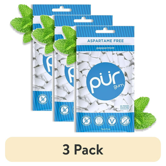 " Peppermint This sugar free gum is refreshing & has a minty flavor to liven your taste buds. Keep your mouth feeling fresh with an intense burst of classic peppermint flavor. Chew Better Gum Each resealable bag of Peppermint gum contains 55 pieces. PUR Gum is also available in Coolmint, Spearmint, Wintergreen, Cinnamon, Pomegranate Mint, Bubblegum, and Chocolate Mint flavors. PUR is Made for You Make simple substitutions to promote a healthier lifestyle, without compromising taste or quality! With a growin