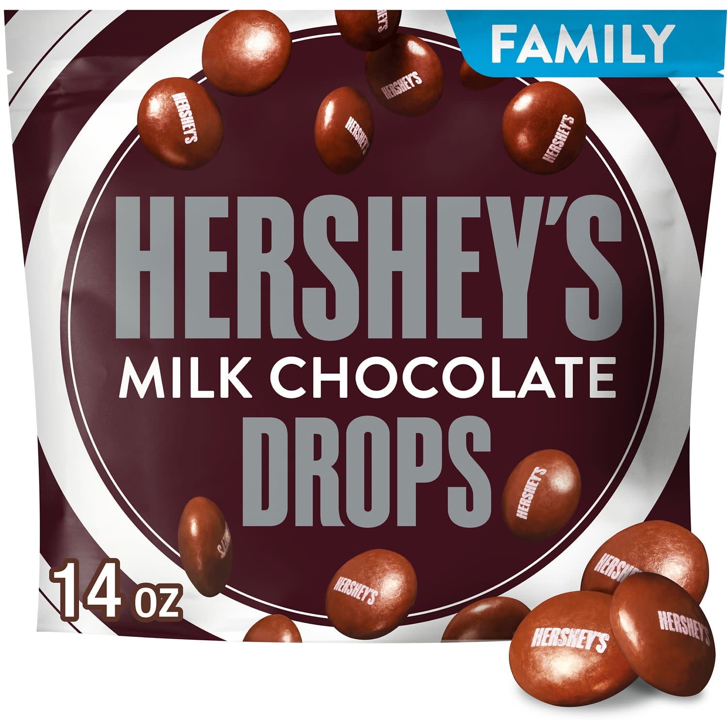 With HERSHEY'S Drops milk chocolate candy, there's a delight in every bite! Bring the fun into your home, office and road trips with a creamy, crunchy candy that the whole family will enjoy. Featured in a resealable family pack, this on-the-go treat can fill all your snacking and sharing needs. Each poppable treat offers creamy, classic HERSHEY'S milk chocolate coated in a satisfyingly crunchy candy shell. Spice up movie night by mixing these sweet candies with your savory popcorn, making both the popcorn a