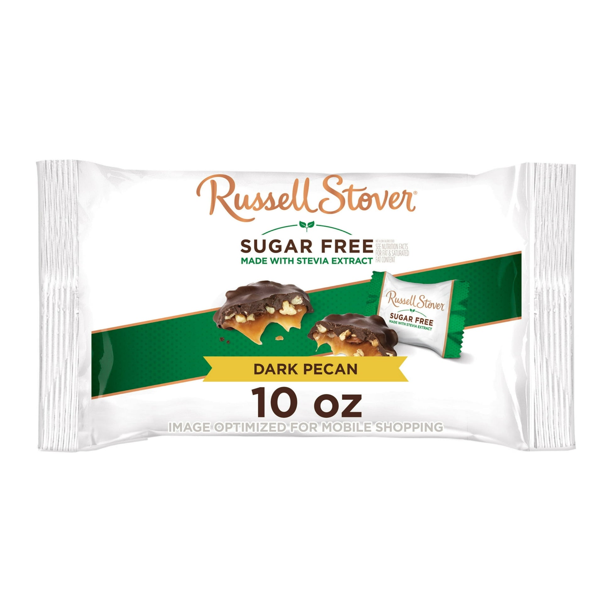 Treat yourself to the exquisite taste of RUSSELL STOVER Sugar Free Pecan Delight Dark Chocolate Candy. Each 10 oz. bag contains about 16 individually wrapped pieces of crunchy pecans and chewy caramel covered in decadent dark chocolate. Crafted with Stevia extract, a plant-based sweetener, these dark chocolate pecan delights offer the perfect balance of sweetness without any added sugar. Share them with loved ones, gift them with care, or savor guilt-free snacking by filling your candy bowl. Whether you're 