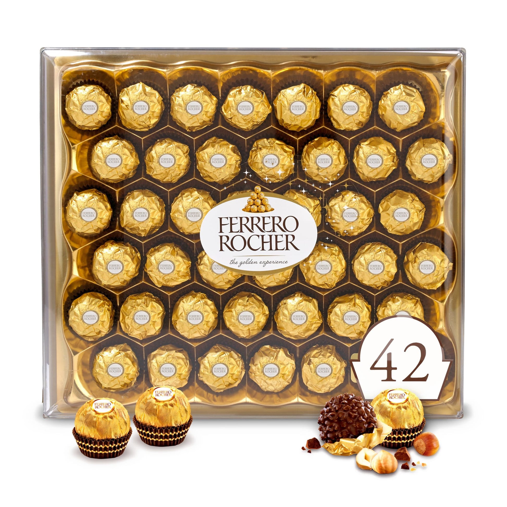 Ferrero Rocher's milk chocolate gift box offers a unique taste experience of contrasting layers: a whole crunchy hazelnut in the heart and a delicious, creamy hazelnut filling surrounded with milk chocolate, crispy wafers and gently roasted hazelnut pieces. And thanks to its signature golden wrapper, Ferrero Rocher is even more unique and special. The iconic original. Celebrate the moment with Ferrero Rocher. Since the 1940s, Ferrero has delighted consumers with premium, one-of-a-kind chocolate treats.