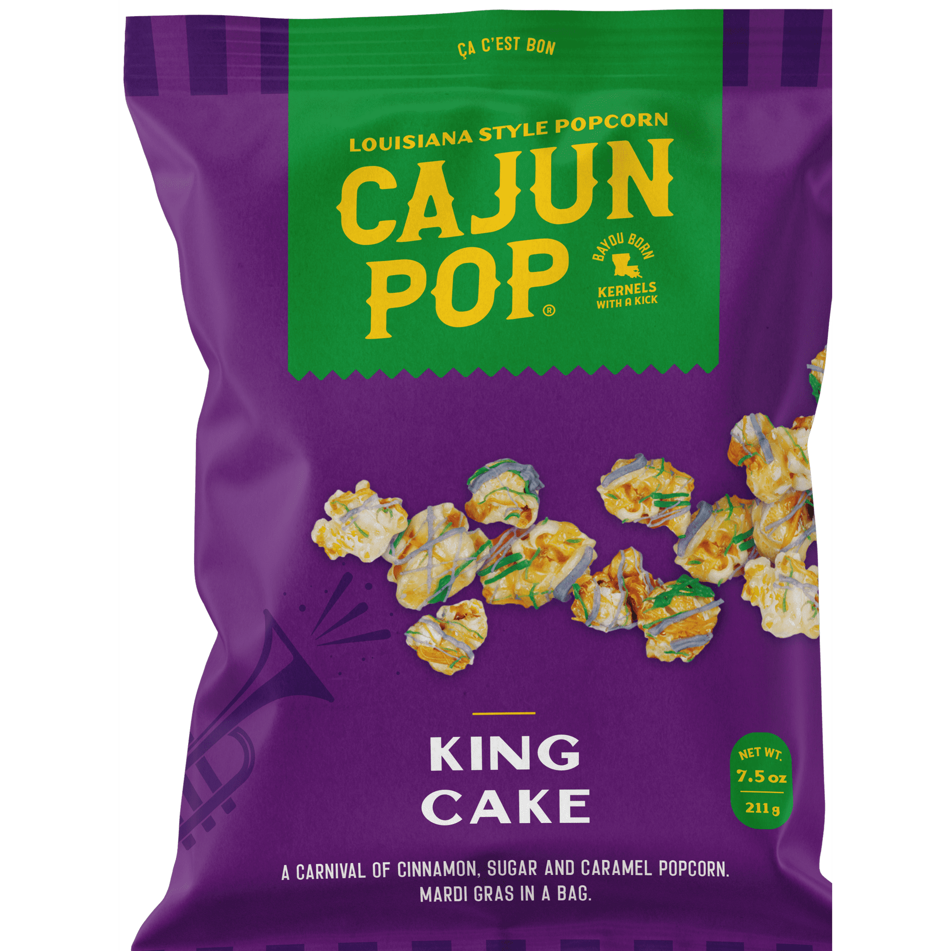 Smooth, fresh-from-the-oven birthday cake flavor. Colorful kaleidoscope of icing collides with a zing of cinnamon. Add a crunchy caramel coating, and you’re halfway to Mardi Gras heaven. Happy birthday to you. Easy to pop a candied handful, much harder to stop!