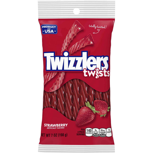 Twizzlers Twists Strawberry Flavored Candy - Strawberry - Low Fat, Trans Fat Free - 7 oz - 12 / Carton. Strawberry Twizzlers give your mouth something to smile about. They are low in fat while providing loads of strawberry taste. Popular licorice sticks are a great treat for the breakroom. This candy;twizzlers;strwby;7oz is a great breakroom supplies candy item. It is a brand new item that comes to you packed well and ships fast!