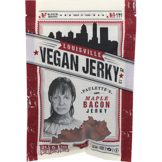 Louisville Vegan Jerky Maple Bacon, tastes like a breakfast favorite without any meat.Our formula begins with textured soy protein and tamari to mimic the feel of real meat. Then we add a special blend of spices, olive oil, natural smoke flavor and maple syrup for a sweet and savory snack.