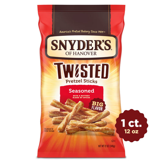 Snyder’s of Hanover Seasoned Twisted Pretzel Sticks are generously seasoned with a delicious buttery blend of onion, garlic and pepper. Their BIG, irresistibly craveable flavor and light, crispy crunch will send your taste buds spinning and then keep you coming back for more. We’ve added a twist of tasty to our bold flavor to create a whole new sort of snack. Snyder’s pretzels are created from quality ingredients, kneaded, and oven-baked to seal in all the goodness. It’s no wonder our delicious snacks have 