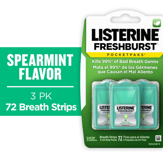 Refresh your bad breath with Listerine Freshburst PocketPaks Breath Freshener Strips. These orally dissolving mint breath strips dissolve instantly, killing 99 percent of germs that cause bad breath.* Convenient to carry on-the-go, slip the portable pack of minty breath strips into your purse or pocket, so you can easily get fresh breath and kill bad breath germs after your morning coffee, or before an important meeting or date. Each bad breath strip has a refreshing Freshburst spearmint flavor to leave you