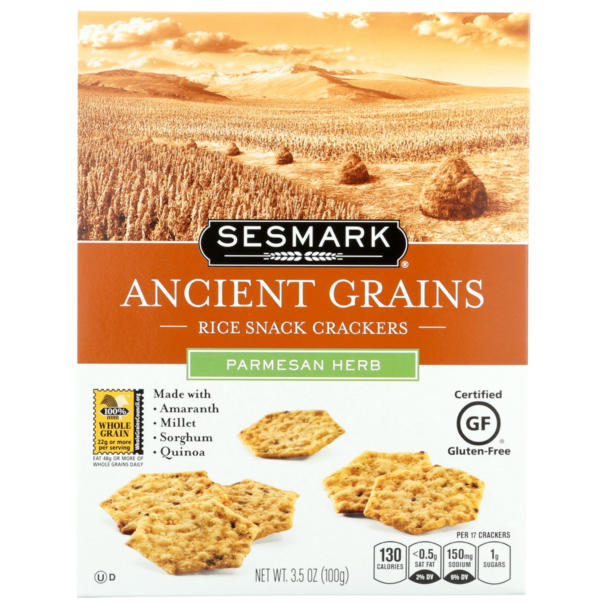 OUR SESMARK FOODS PARMESAN HERB RICE SNACK CRACKERS ARE MADE WITH A RECIPE RICH IN WHOLE GRAIN RICE'S AND A SELECTED BLEND OF ANCIENT GRAINS. BOASTING SUCH INGREDIENTS AS QUINOA SEEDS, AMARANTH SEEDS, FLAXSEEDS AND SESAME SEEDS, THESE SNACK CRACKERS ARE IDEAL FOR THOSE WHO REQUIRE A GLUTEN-FREE DIET OR WANT TO LEAD A GLUTEN-FREE LIFESTYLE, BUT ALSO WANT A HEALTHY AMOUNT OF GRAINS. SEE NUTRITION FACT PANEL FOR ALLERGENS. INCLUDES ONE 3.5 OZ. BOX OF SESMARK FOODS PARMESAN HERB RICE SNACK CRACKERS. WITH 18 FLA