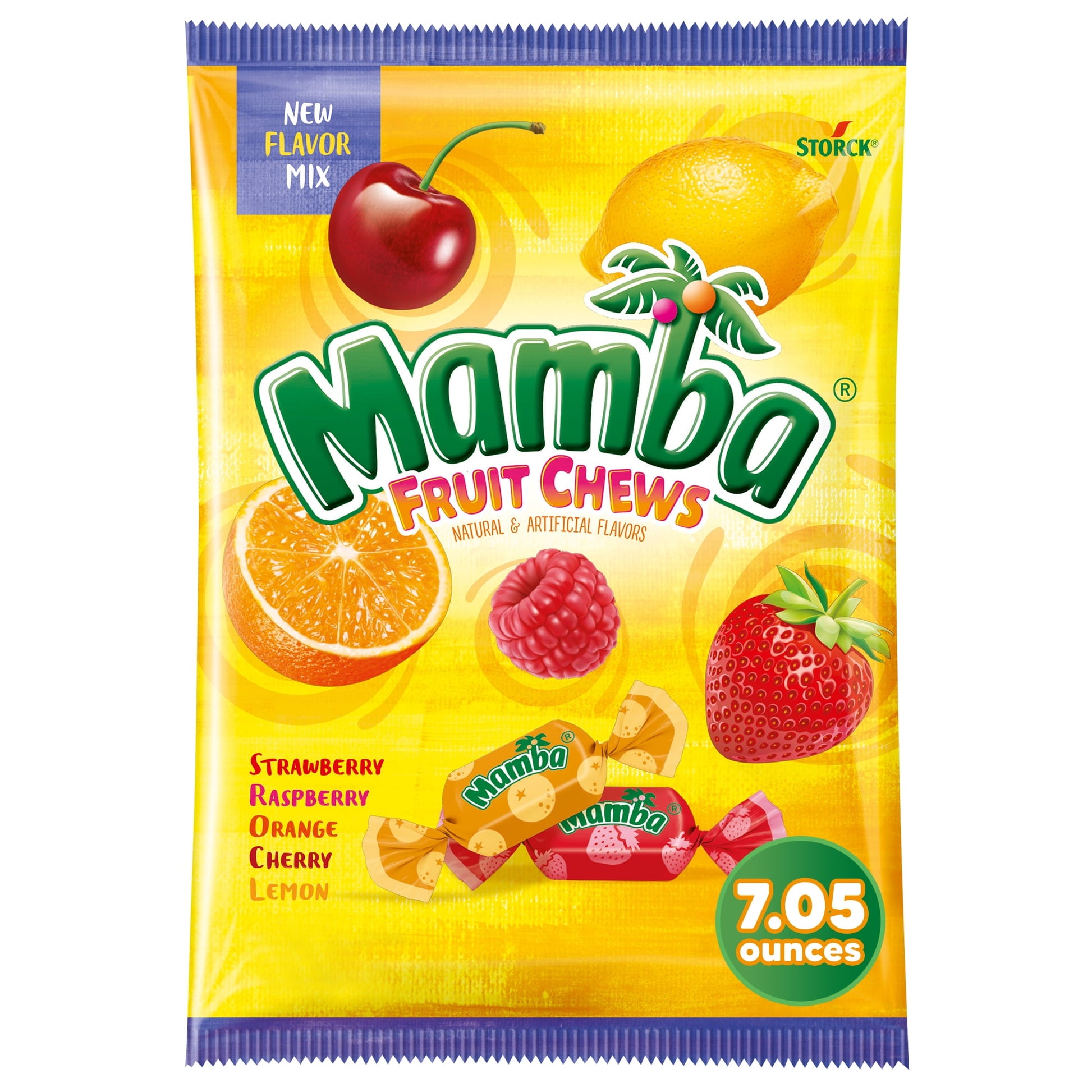 Take a beat with Mamba candy and enjoy a long lasting juicy chew. This 7.05 oz. shareable bag of chewy candy contains up to five deliciously juicy flavors: Strawberry, Raspberry, Orange, Cherry or Lemon. A delicious and fruity treat, Mamba fruity candy is a soft chewy candy with long lasting fruity flavor made with natural and artificial flavors. Each piece of chewy candy is individually wrapped to keep the candy soft and fresh. Great for enjoying on the go or sharing with family and friends. Love Mamba Fru