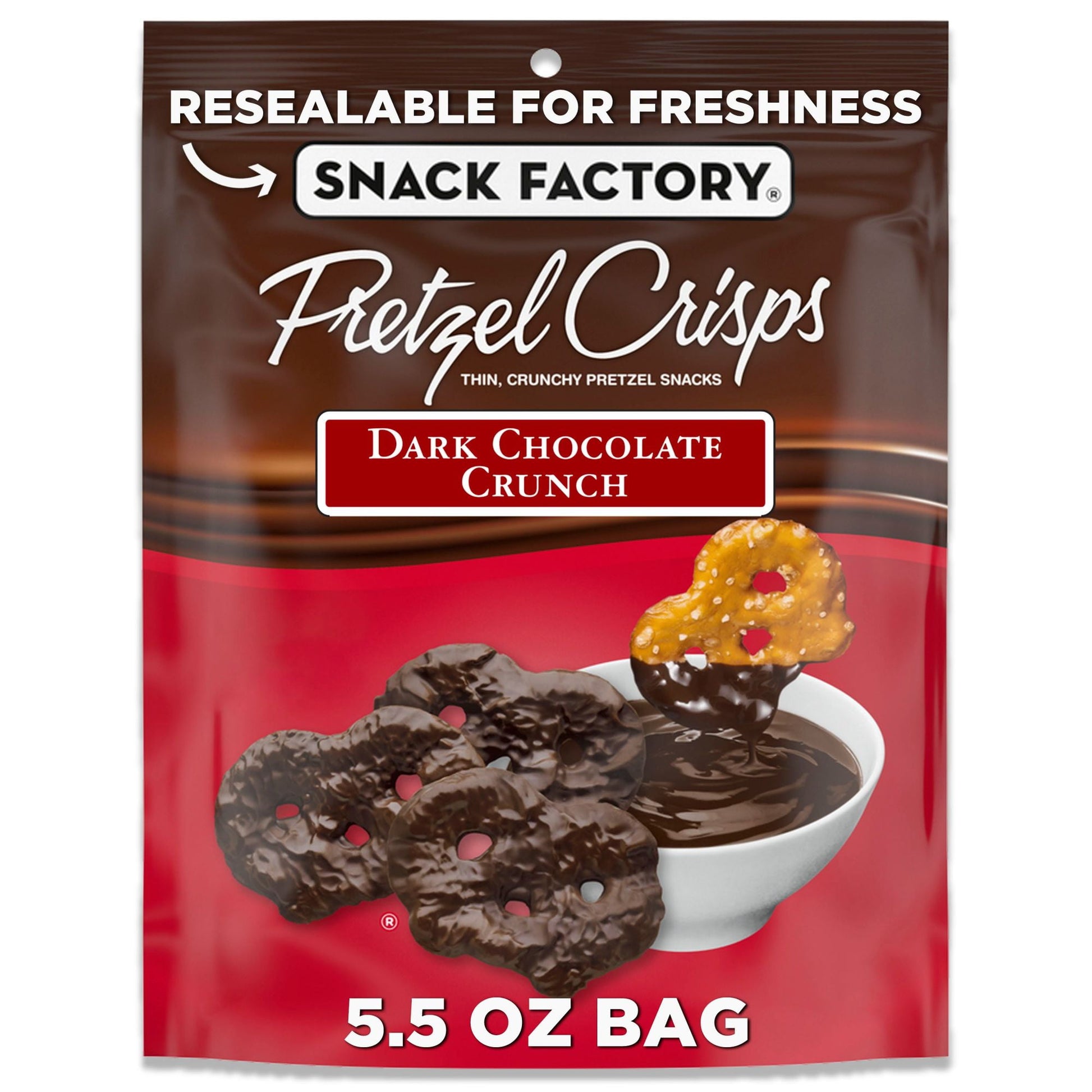 Dark Chocolate Covered Snack Factory Pretzel Crisps are a sweet and salty twist on traditional pretzels. Baked thin, this tasty snack is the perfect combination of crunchy and chocolate indulgence. Pretzel Crisps give you the best part of pretzels without the doughy center, which means our pretzel crackers always have the satisfying crunch you love. Baked just right and covered with premium dark chocolate, they’re all about gourmet flavor that’s sure to satisfy straight out of the bag. Their slim but sturdy