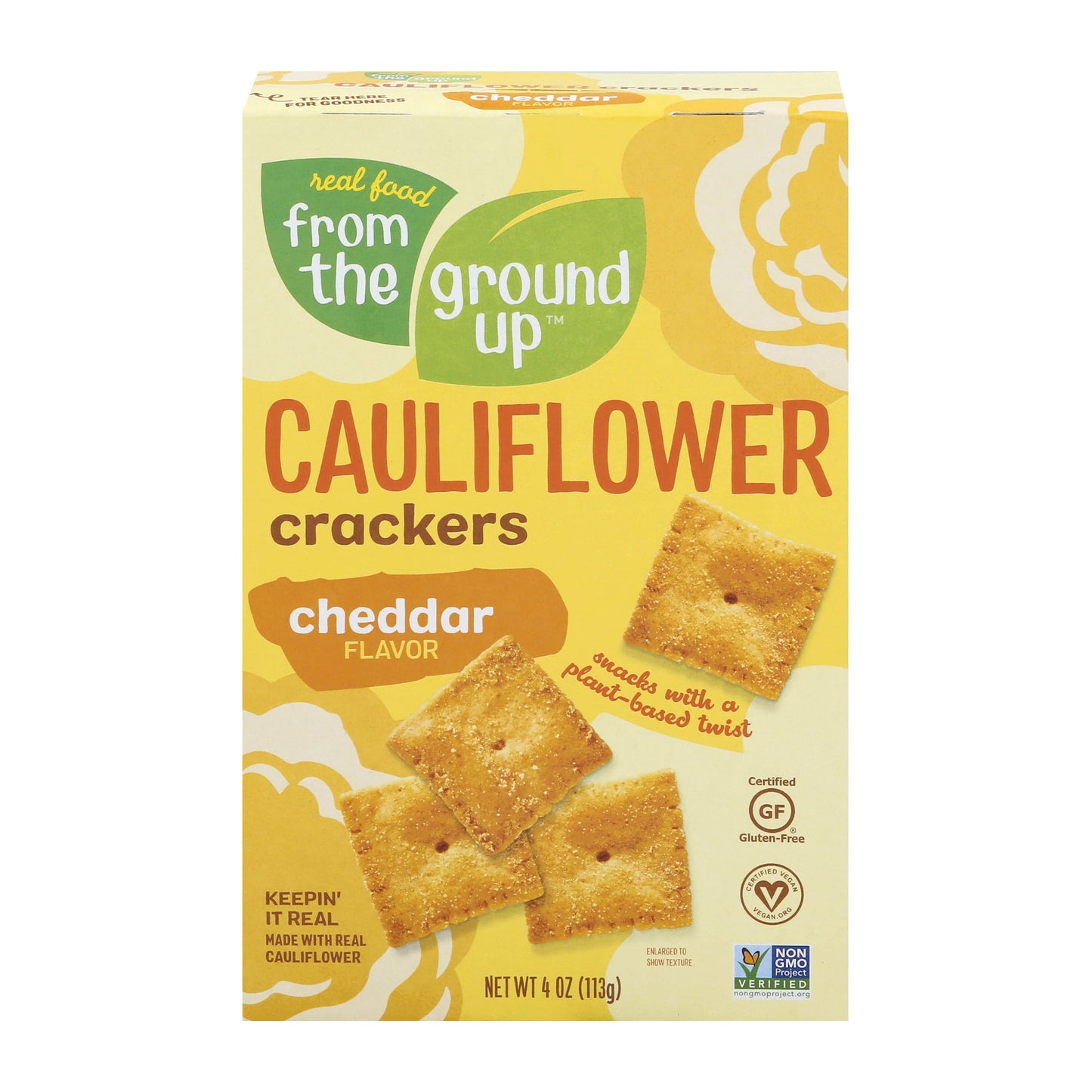 Cauliflower meets Cracker. Game over! The Cheddar flavored snack game will never be the same. What a win! Real Food From The Ground Up offers certified snacking that's gluten-free, vegan, and Non-GMO Project Verified. Made with ingredients you can say, including REAL cauliflower and other plant based ingredients, perfectly baked into light and crispy gluten free crackers. No fillers, just feel good stuff.