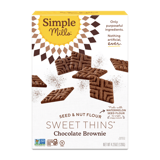 Chocolate brownie sweet thins made with simple ingredients. Simple Mills Chocolate Brownie Sweet Thins are made with a seed and nut flour blend of watermelon seeds, sunflower seeds, flax seeds, and cashews. Sized for feel-good snacking, you can indulge in snack time (and feel good about it!) with these gluten-free cookie thins anytime you have a cookie craving. Simple Mills Chocolate Brownie Sweet Thins are sweetened with coconut sugar. Shelf-stable and made with only purposeful ingredients and nothing arti