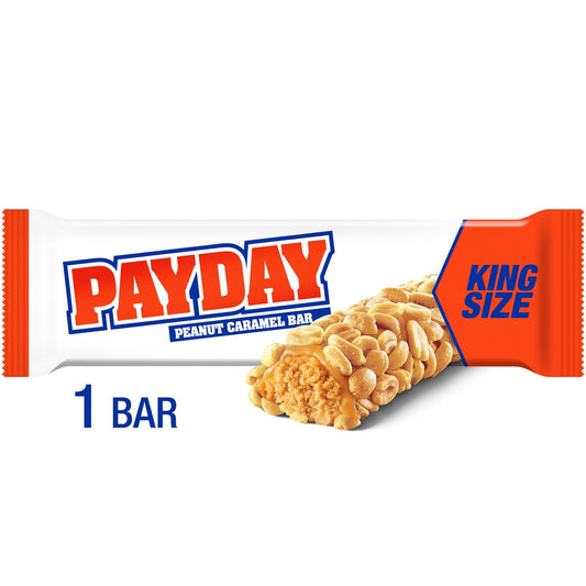 Made from crunchy peanuts and rich caramel, the PAYDAY candy bar is a treat you know and love now in king size! And, it has the same taste peanut enthusiasts already know and love. It's the perfect mix of sweet, salty and unbelievably satisfying. Nutty candy lovers are sure to enjoy this bar that keeps on giving. Each bar is wrapped for easy storing, snacking and sharing. So, if you're feeling generous, share a PAYDAY bar with a friend, family member or coworker, but we won't judge you if you want to keep i