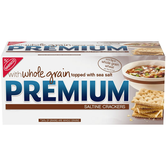 Premium Saltine Crackers with Whole Grain Wheat are time-tested and delicious. These soup crackers feature a light flavor and crispy texture with sea salt on top for the perfect salty touch and contain 5g of whole grain per 16 g serving (34% of grains are whole grains). Munch on these classic square snack crackers plain, or top them with cheese, peanut butter or dip as salty snacks. They're delicious crumbled into your favorite soup. Individual sleeves keep these bulk soda crackers fresh.