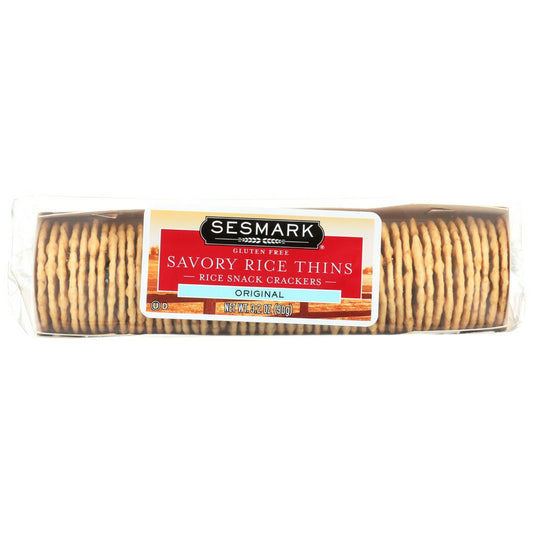 IN OUR SESMARK FOODS ORIGINAL SAVORY RICE THINS, WE CAREFULLY COMBINE RICE FLOUR, A VARIETY OF DELICIOUS SEASONINGS, AND A HINT OF SESAME AND BAKE THEM UNTIL PERFECTION. LIGHT, CRISP AND DELICATE, RICE THINS ARE GENTLY SEASONED. RICE THINS ARE A FLAVORFUL, LOW FAT ALTERNATIVE TO MOST CHIPS AND CRACKERS, SO ENJOY THEM WITHOUT GUILT. EAT THEM RIGHT OUT OF THE PACKAGE, OR ENJOY WITH SALADS, SOUPS, OR YOUR FAVORITE TOPPINGS. SEE NUTRITION FACT PANEL FOR ALLERGENS. INCLUDES ONE 3.2 OZ. PACKAGE OF SESMARK FOODS O