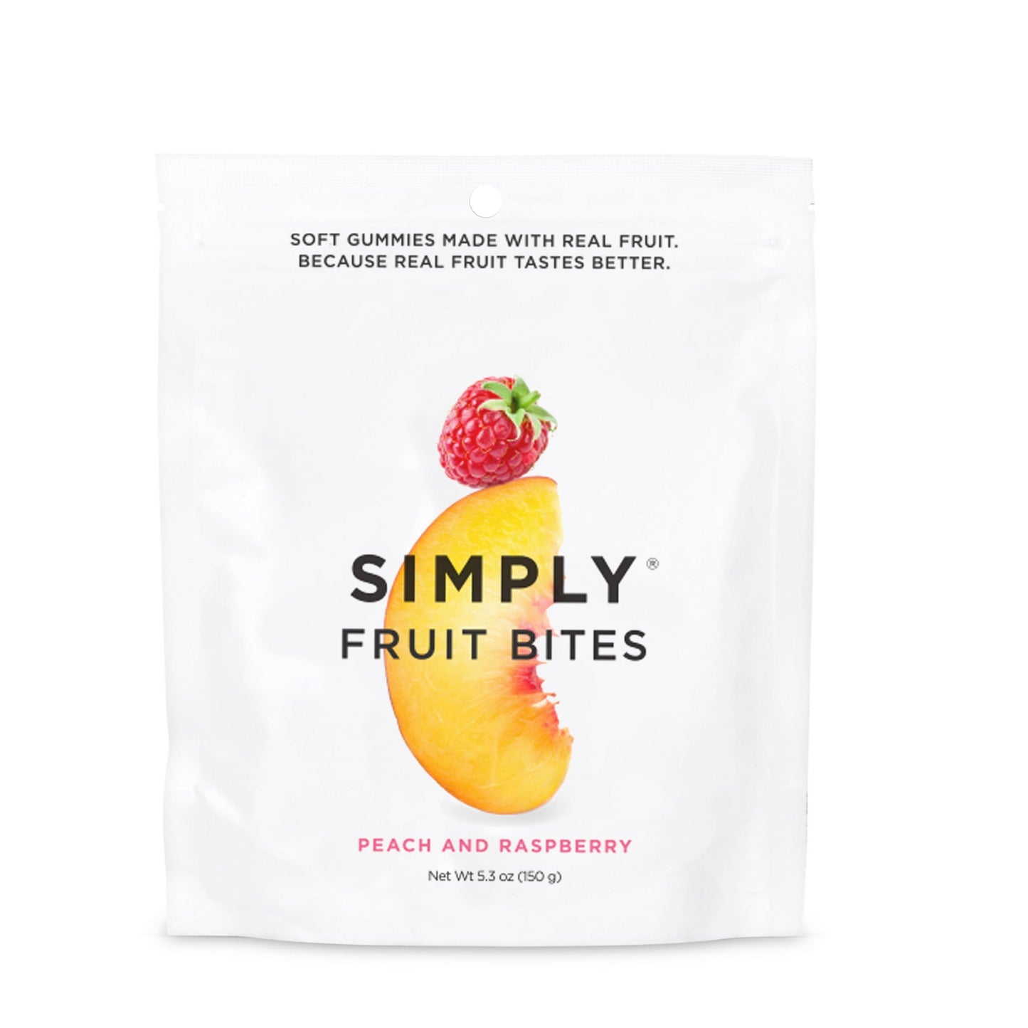 Delightfully chewy and packed with real fruit, our delicious Fruit Bites are made the SIMPLY way, with high-quality ingredients and without any synthetic colorings or artificial flavors. Our gummies feature the natural sweetness of real peaches and raspberries without added cane sugar. Satisfy your gummy cravings... with real fruit! Each bag contains a mix of peach and raspberry gummies. Our Large Size contains 5 Servings. One serving is about 11 Gummies!