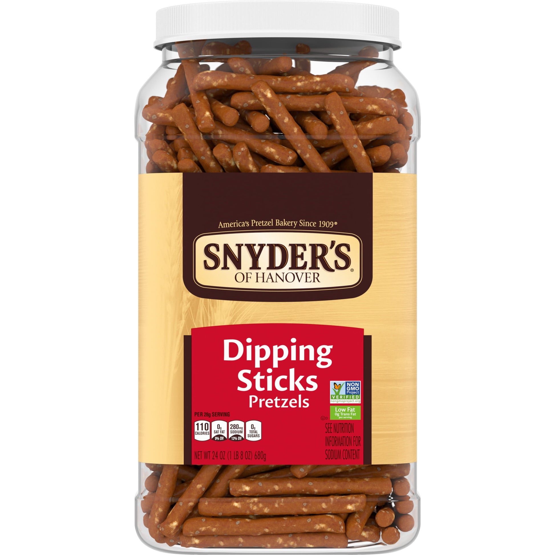 Snyder’s of Hanover Pretzel Dipping Sticks offer a classic taste and shape that pair perfectly with your favorite mustard, cheese dip or hummus. Want to try a quick, easy treat for a special occasion or holiday like a birthday or Halloween? Just dip Snyder’s pretzel dipping sticks in chocolate and decorate. They’re fun and kid friendly, because our delicious pretzels are Non-GMO Project Verified and made in a facility that doesn’t process peanuts. Snyder’s has been America’s Pretzel Bakery since 1909 - that