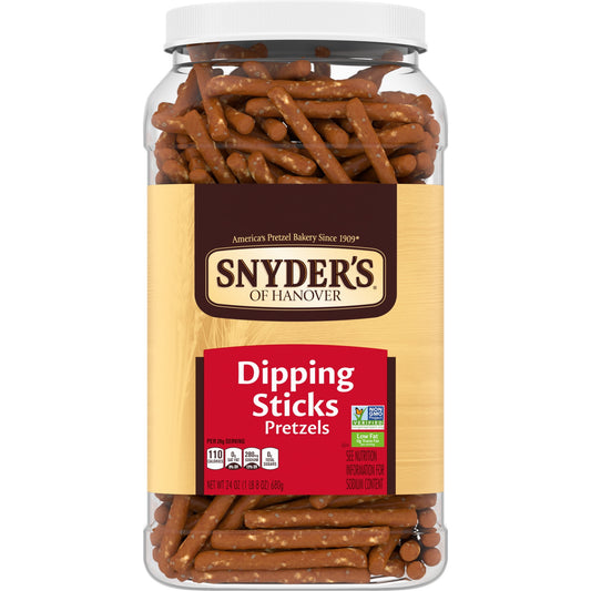 Snyder’s of Hanover Pretzel Dipping Sticks offer a classic taste and shape that pair perfectly with your favorite mustard, cheese dip or hummus. Want to try a quick, easy treat for a special occasion or holiday like a birthday or Halloween? Just dip Snyder’s pretzel dipping sticks in chocolate and decorate. They’re fun and kid friendly, because our delicious pretzels are Non-GMO Project Verified and made in a facility that doesn’t process peanuts. Snyder’s has been America’s Pretzel Bakery since 1909 - that