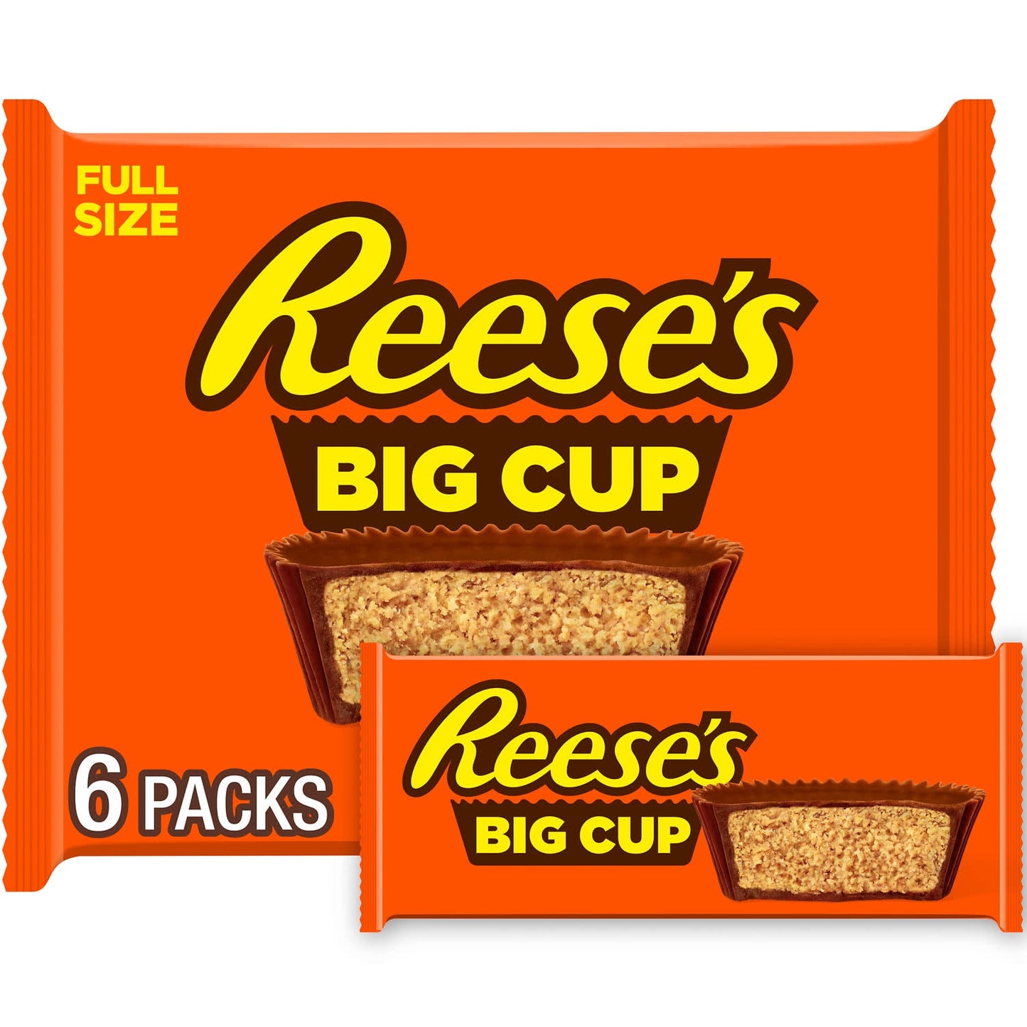 Name a more iconic duo. Everyone will wait... You can't beat this old fashioned, match made in heaven when it comes to creamy milk chocolate combined with delicious peanut butter. Get ready to taste perfection! REESE'S Big Cup milk chocolate peanut butter cups are ready to be your go-to snack. Bring this pack along to the next sporting event as a concession treat, as movie marathon snacks or game night prizes. Store them in your pantry for an anytime snack or slip a pack into lunch boxes and purses for a mi