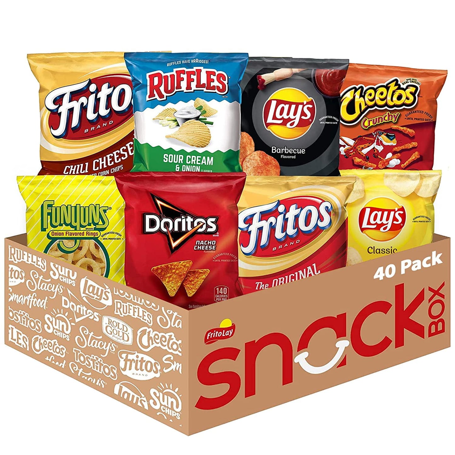 Frito-Lay Snacks Party Mix Variety Pack, (40 Pack): 40 single serve bags of Frito-Lay Snacks in one convenient snack pack. Includes Frito-Lay's most popular snacks including Ruffles, Lay's, Cheetos, Doritos, Funyuns, and Fritos. From summer barbecues to family gatherings to time spent relaxing at the end of a long day, Frito-Lay snacks are part of some of life's most memorable moments. And maybe even brightens some of the most mundane.